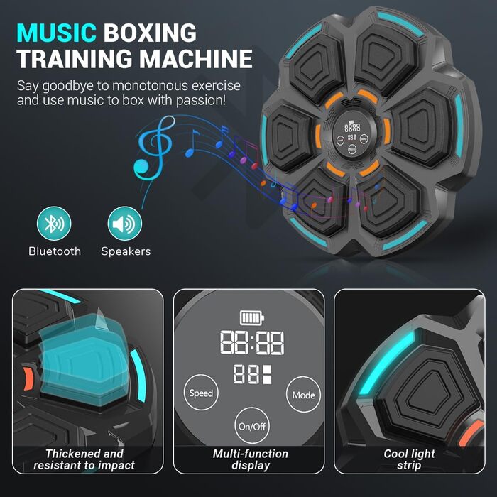 Музична бокс-машина Viriech з LED-підсвічуванням та боксерськими рукавичками, Bluetooth, настінний монтаж, 9 режимів швидкості та режим підрахунку, подарунок для дітей та дорослих