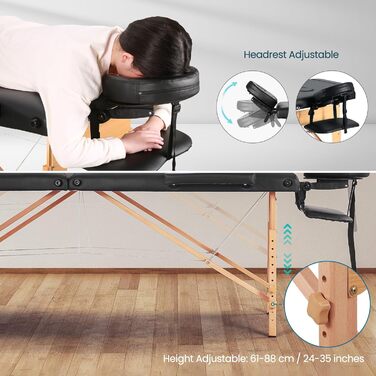 Складаний мобільний масажний стіл BODIOO з дерев'яними ніжками, 2 зони, регульована висота, до 250 кг, чорний