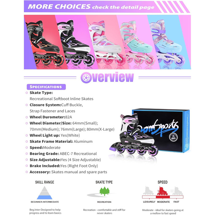 Дитячі ролики 2PM SPORTS з регулюванням, світні, для дівчаток/хлопчиків (Lila-Rosa, розмір EU 37.5-41)