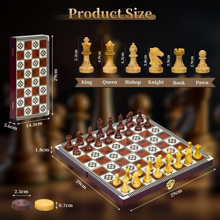 Магнітна шахова дошка з дерева 3 в 1, складана, для подорожей та дітей, 29x29 см