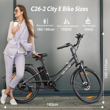 Електровелосипед VARUN 26 дюймів для міста, 250W, 48V Li-Ion акумулятор, LCD-дисплей, 4+1 режим, запас ходу до 80 км, для жінок та чоловіків