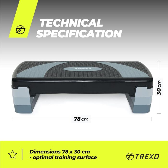 Степ-платформа TREXO для аеробіки та фітнесу, сіра, 78 x 30 см, регулювання висоти 10-20 см