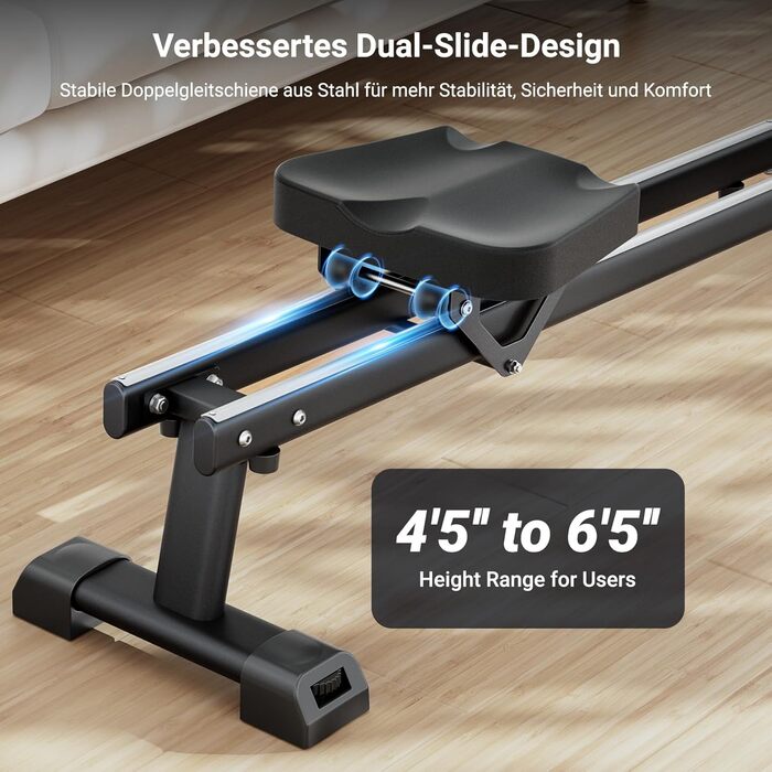 Dripex Гребний тренажер з магнітною системою опору, LCD-монітором, навантаження до 158 кг, Bluetooth, чорно-зелений