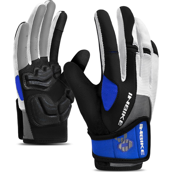 Велосипедні рукавички INBIKE для чоловіків з гелевою підкладкою 5 мм, зносостійкі, дихаючі, MTB, для їзди на велосипеді та активного відпочинку, сині, розмір M (обхват долоні 20.4 см)