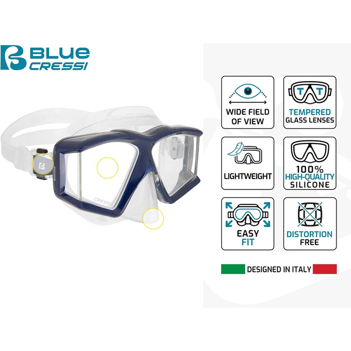 Маска для снорклінгу та дайвінгу Cressi Horizon Unisex з 4 окремими лінзами, або комплект маска+трубка Scilla Top Dry Combo для обмеженого дихання, прозорий/блакитний