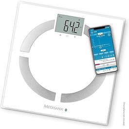 Medisana BS 444 Connect – смарт-ваги для аналізу складу тіла, 180 кг, вимірювання жиру, води, м'язової маси, кісткової тканини, Bluetooth, додаток, біла