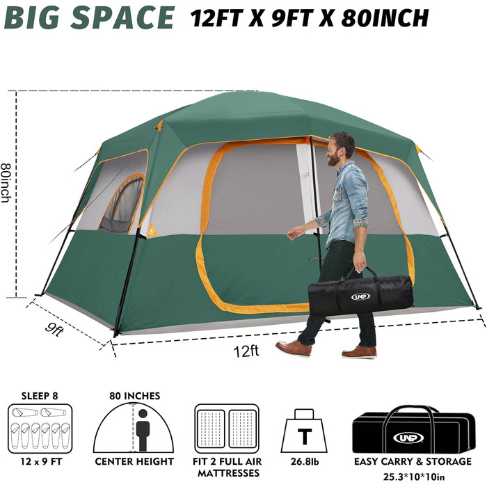 Намет кемпінговий 4-8 осіб Campingzelt водонепроникний, з тентом, зелений 360x270x200 см для кемпінгу, туризму та трекінгу
