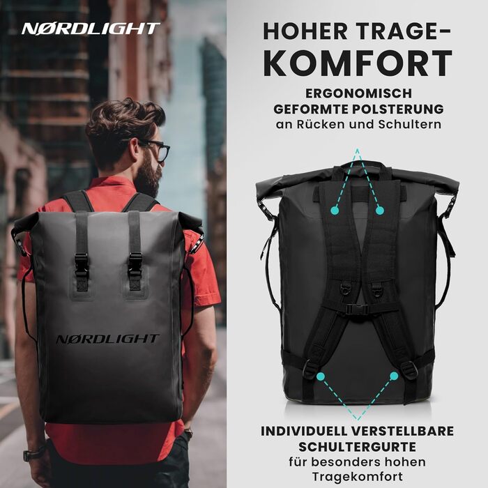 Водонепроникний рюкзак Nordlight Dry Bag 35л - Roll Top, з м'яким плечовим ременем, для водного спорту, велосипеда, кур'єра, трекінгу, риболовлі (Чорний, 35 л)