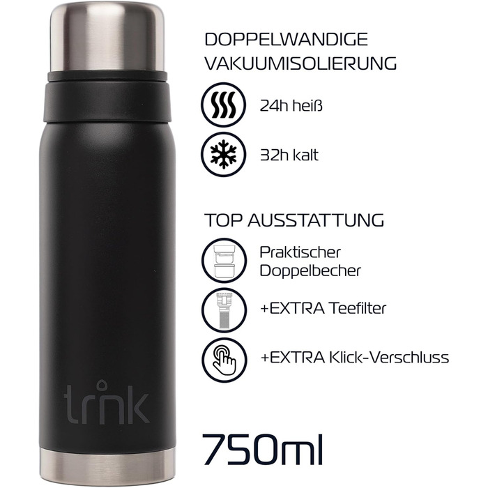 Термос trnk Outdoor polar 2, 750 мл, нержавіюча сталь, BPA-free, з 2 чашками, тримає тепло 24 години, нічний чорний, придатний для миття в посудомийній машині