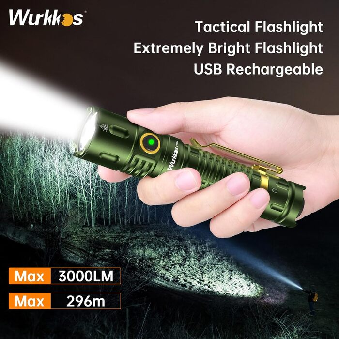 Wurkkos TD04 тактичний ліхтарик 3000 люмен, LED, акумуляторний, 8 режимів, IP68, водонепроникний, для активностей на відкритому повітрі та в приміщенні, зелений