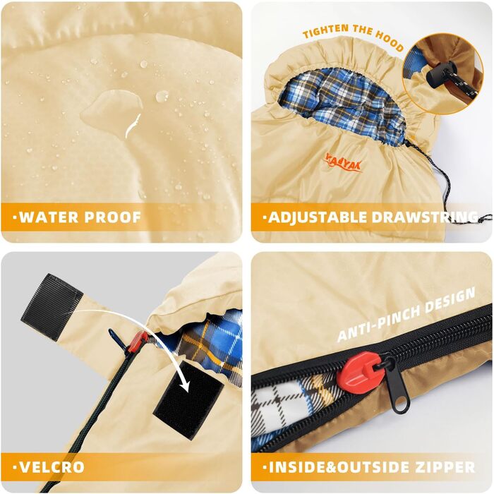 Спальний мішок для кемпінгу: дорослий, дитячий, підлітковий, 3-4 сезони, холодний клімат, теплий, для подорожей та відпочинку на природі (бежевий, землисто-жовтий)