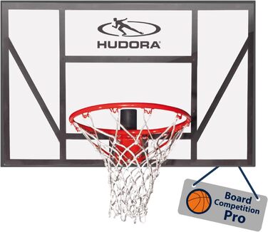 Баскетбольний щит HUDORA Competition Pro із пружним кільцем для стінного монтажу, прозора задня стінка, для дітей і дорослих, для вулиці, для саду