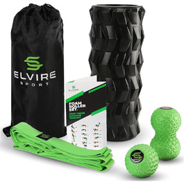 Масажний набір ELVIRE Physio Edition: поролоновий ролик, овальний масажер, стрейч-стрічки, для глибокого масажу м'язів, зелений