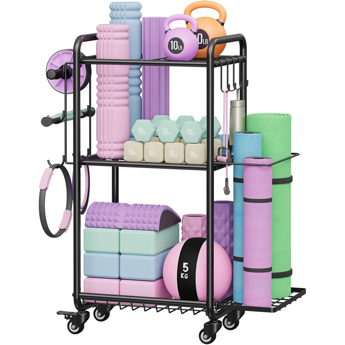 Стійка для зберігання йогаматів, гантелей, м'ячів для фітнесу, ролів, органайзер для спортивного інвентарю з гачками та колесами