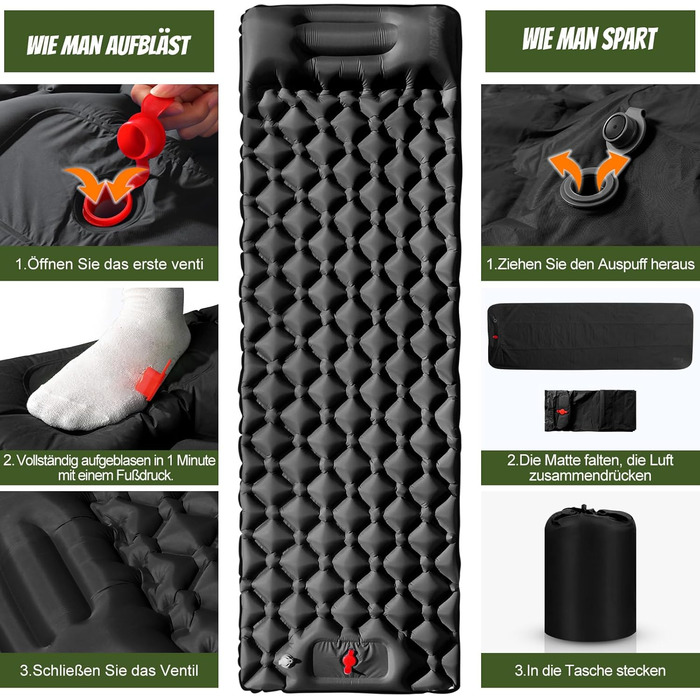 Каревіпарк Килимок для кемпінгу з подушкою, ультралегка повітряна матрац для кемпінгу, водонепроникний килимок для сну для кемпінгу, відпочинку на природі, подорожей, піших прогулянок, пляжу, чорного кольору.