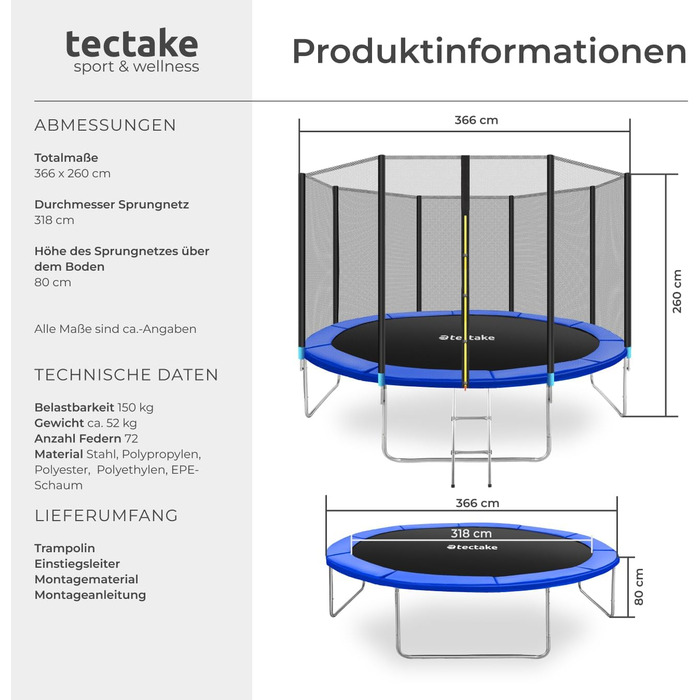 Трамплін Tectake® для саду, Ø 305 см (366 см), блакитний, з захисним сіткою