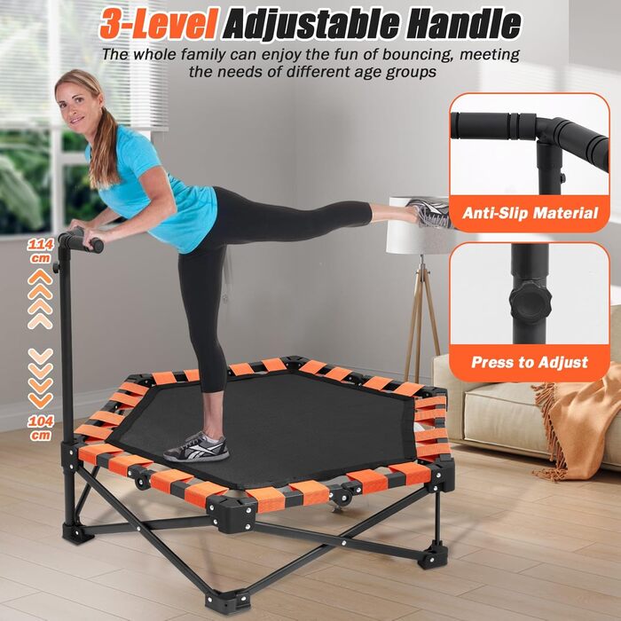 Міні-трамплін складний, вантажопідйомність 150 кг, портативний тренажер-відскочистий трамплін з регульованою ручкою з піни 41/42/45 дюймів, для дорослих та дітей, чорний/оранжевий