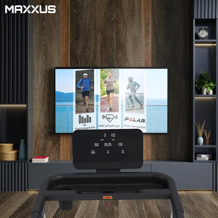 Бігова доріжка MAXXUS RunMaxx 5.0, електрична, 5 к.с., до 18 км/год, 36 програм, 16 рівнів нахилу, LCD-дисплей, зона бігу 140x49 см, пульсометр, тримач для планшета, складана, для дому