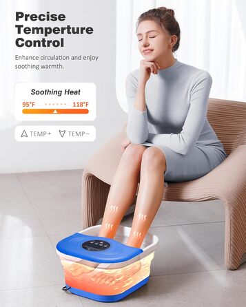 Ванночка для ніг з масажем та підігрівом, таймером – складана ванночка з бульбашками та пемзою, масажер для ніг з водою та 8 роликів – ідеальний подарунок (Блакитний)