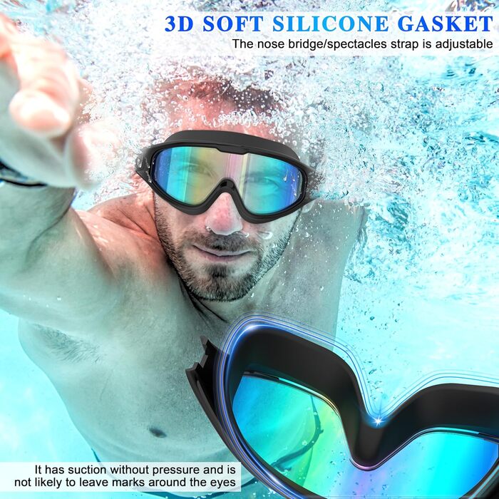 Маска для плавання та дайвінгу Schwimmbrie Unisex, великий об'єм, HD, антизапіт, UV-захист, чорна (L, MC6500)