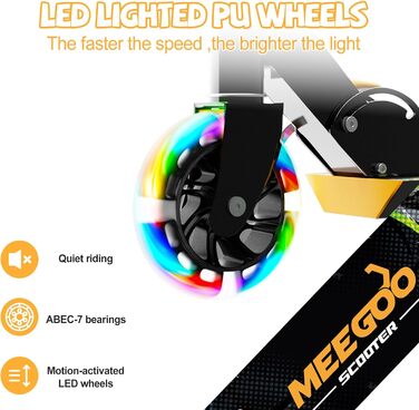 MEE GOO Роликовий самокат для дітей з алюмінію, складний, 3 регульовані висоти, LED колеса, чорний