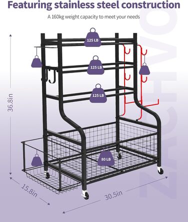Стійка для гантелей та йога-матів ZACHVO – 160 кг, з 4 роликами та 8 гачками