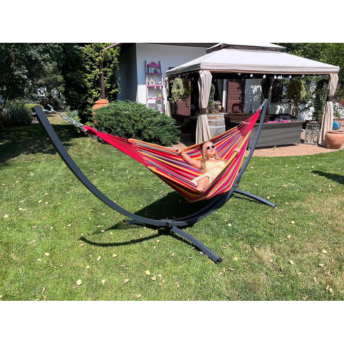 Гамак вуличний Potenza для двох осіб з каркасом, бавовна XXL 220x160 см, до 200 кг, стійкий до погодних умов (Червоний, каркас коричневий)