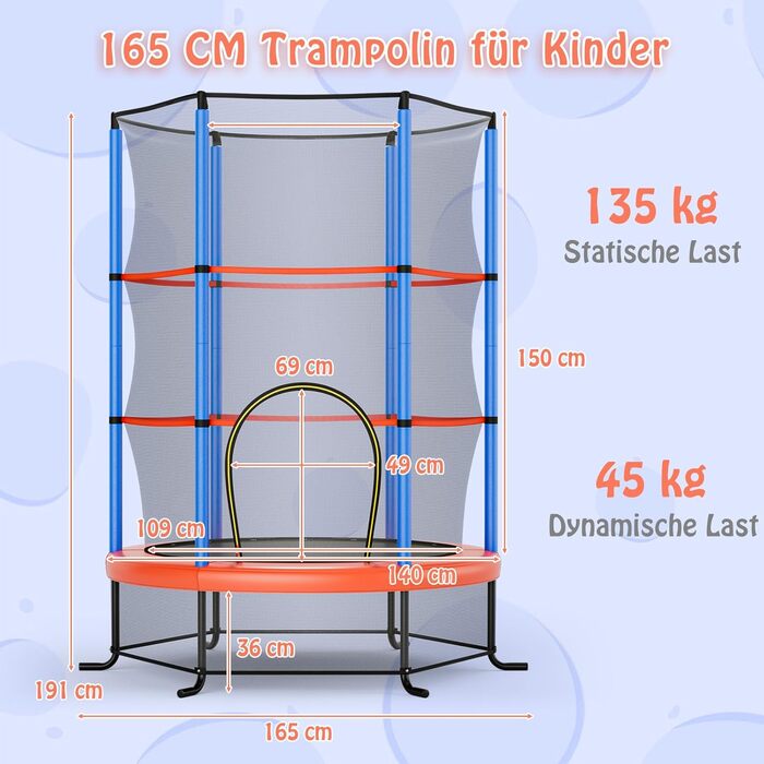 Трамплін GOPLUS для дому з сіткою безпеки, дахом, сталевою конструкцією, Ø165 см, до 135 кг, блакитний
