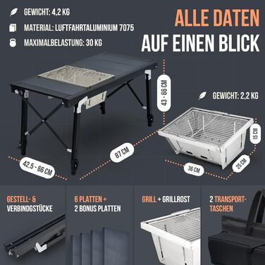 Преміум туристичний стіл Castra з інтегрованим грилем – алюміній 7075, регульована висота, для відпочинку на природі, вологостійкий, інноваційна складна система, багатофункціональний стіл та аксесуари для кемпінгу, саду, подорожей та риболовлі