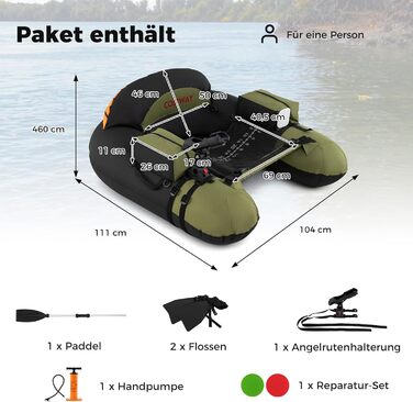 Надувне рибальське сидіння Belly Boat Costway з регульованим утримувачем вудки, зеленого кольору