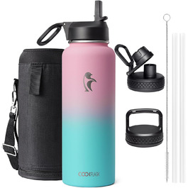 Термос-бутилка Coolflask 1180 мл з трубочкою, 3 кришки, металевий, вакуумний, для спорту та офісу, Bubble Gum