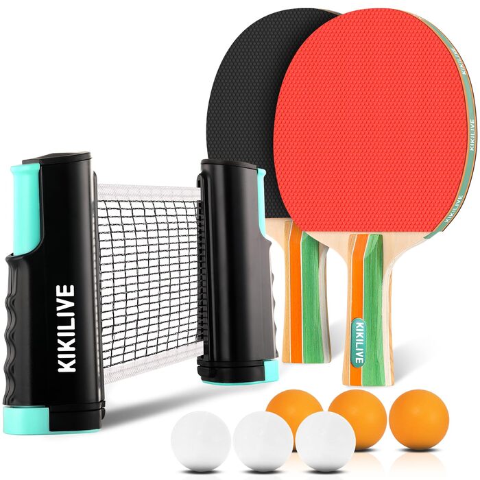 Набір для настільного тенісу для 2 гравців: 2 ракетки, сітка та 6 м'ячів - для гри в приміщенні та на вулиці (чорний/червоний)