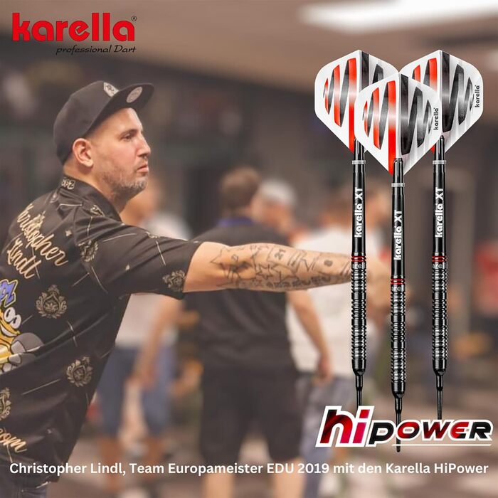 Професійні дротики для дартсу Karella HiPower 90% вольфрам, 22г/24г, металевий наконечник, для класичної дартс-дошки, 3 шт, з оперенням і стержнем
