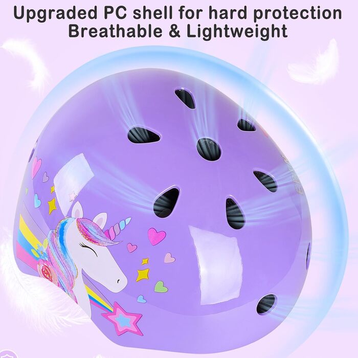 Дитячий шолом Unicorn Castle 7-в-1 з наколінниками, налокітниками та захистом зап'ястків для скейтборду, роликів, велосипеда (3-8 років), фіолетовий