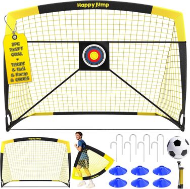 Ворота для футболу Happy Jump Pop-Up – складані, для дітей та дорослих | 1 або 2 ворота: 120x90 / 152x110 / 213x152 см | З м'ячем, насосом, конусами та мішенню | Для саду та подарунка