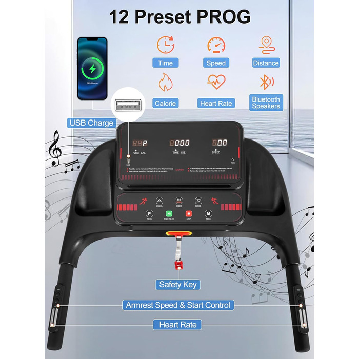 Біговий тренажер BTM для дому, 3.0PS, нахил, 1-14 км/год, складаний Walking Pad з LED дисплеєм, до 120 кг, чорний