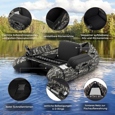 Надувне човен для риболовлі FANTASK з насосом, веслами та ременями, bellyboat, 150 кг, 135 x 109 x 54 см, камуфляж