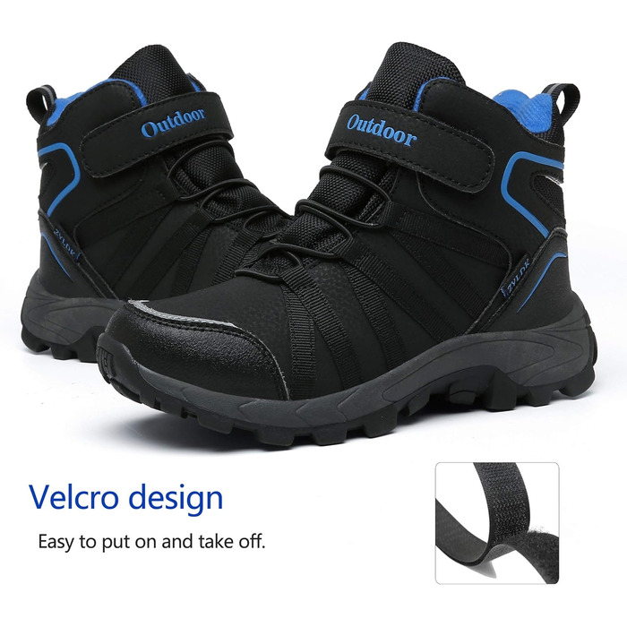 Дитячі зимові черевики: зимові черевики, черевики для хайкінгу, снігоступи для хлопчиків та дівчаток, з теплим підкладкою, водонепроникні, бавовняні черевики, черевики для трекінгу, снігоступи з застібкою-липучкою, розмір 37 EU, чорний, синій
