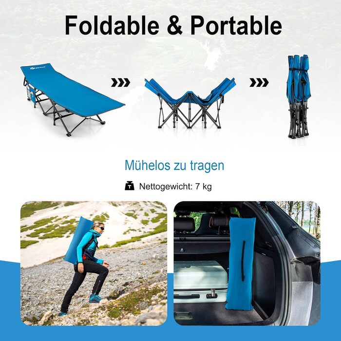 Розкладне ліжко SOARS для кемпінгу та відпочинку: стабільне металеве ліжко з кишенею та сумкою, до 272 кг, для саду, відпочинку на природі та в приміщенні (зелений/блакитний)