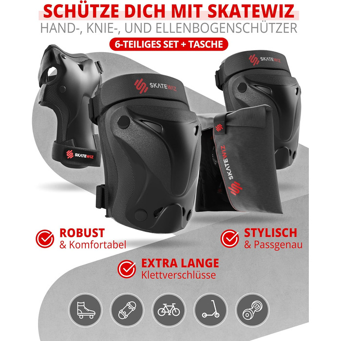 Набір захисту SKATEWIZ 6 шт. для дітей та дорослих - наколінники, налокітники, захист зап'ястків, чорний Protect-1 XS
