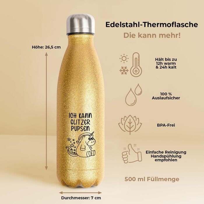 Термобутилка з нержавіючої сталі з глітером, золота, BPA-Free, подарунок, напис «Я можу пукати глітером. А ти?»