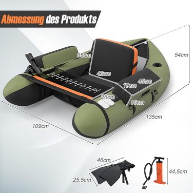 Надувне рибальське човен GYMAX: компактне belly boat з насосом, веслами та регульованими ременями, до 150 кг, зелений