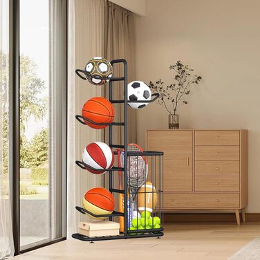 Стенд для зберігання баскетбольних м'ячів Ballständer: полиця для спортивного обладнання, відкидна стійка-тримач на 5 м'ячів та кошиків, баскетбольний кошик для регбі, волейболу, футболу