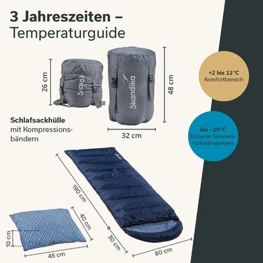 Спальний мішок Skandika Dundee Flanell з бавовни, преміум-якість, з'єднується, двомісний, 3 сезони, до -20°C, 220 x 80/160 см, для кемпінгу та відпочинку на природі (індиго + подушка)