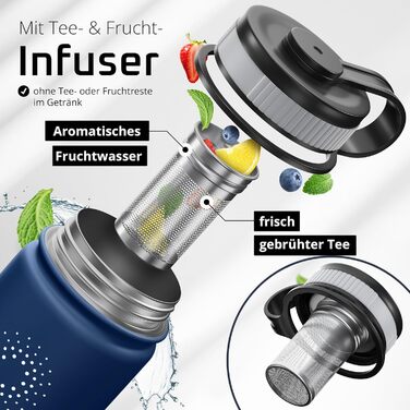 Фляга ACTIVE FLASK з нержавіючої сталі з трубочкою (3 кришки), BPA-free, не протікає, підходить для газованої води - спортивна пляшка, термопляшка, ізотермічна пляшка для води, дитяча пляшка для чаю (680 мл, темно-синій)