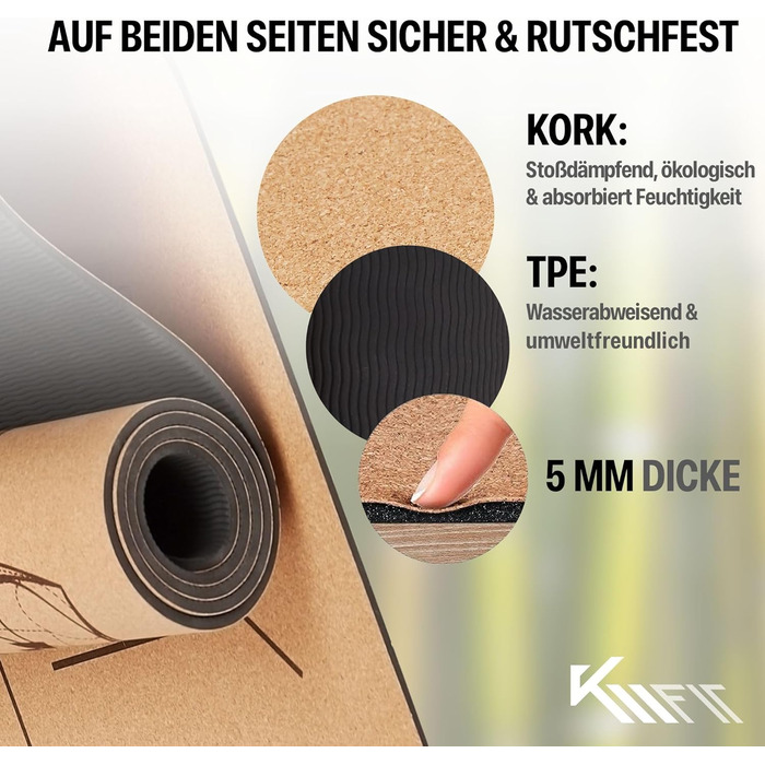 Йога-мат KM-Fit TPE з ременем та аксесуарами — нековзкий килимок для фітнесу, пілатесу та гімнастики, з сумкою, ременем для йоги та масажним м'ячем