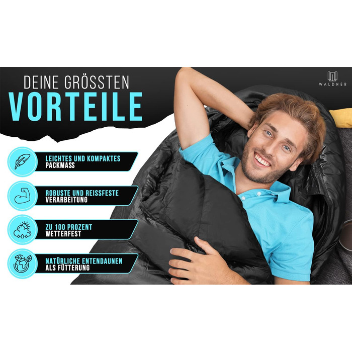 Спальний мішок WALDNER Daunenschlafsack Ultraleicht – ультралегкий, 4 сезони, 800г пуху, 600FP, для кемпінгу та відпочинку на природі, до 200 см