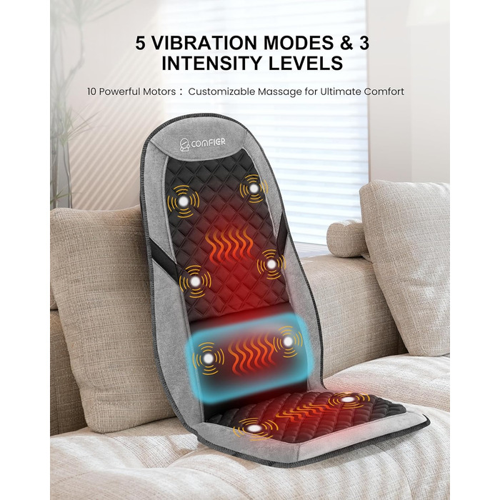 Масажний килимок Comfier з підігрівом та регульованою поперековою підтримкою, вібруючий масажний сидіння, масажер спини для зняття втоми спини, подарунок для жінок, чорно-сірий