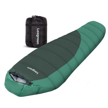 Спальник Leogreen пуховий для дорослих, 3-4 сезони (-15℃ ~ +5℃), 300 GSM, 1800г, для кемпінгу, туризму та альпінізму, 210x80x35 см (Зелений)