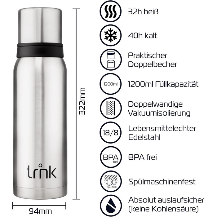 Термос trnk Outdoor Arktis 2, нержавіюча сталь, 1200 мл, BPA-free, 32 год гарячий, кришка з 2 чашками, для походів, можна мити в посудомийці